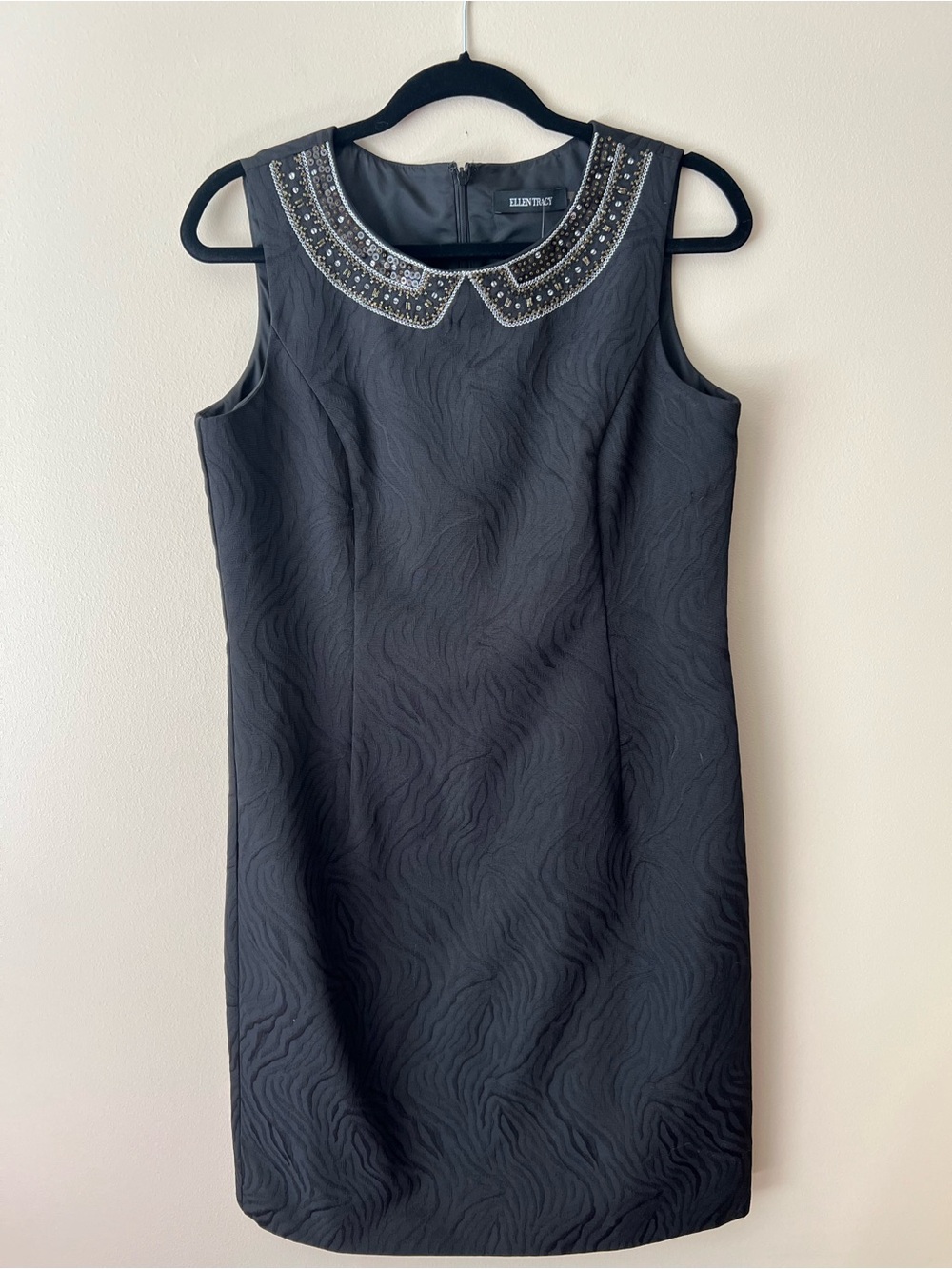 Ellen Tracy Black Sleeveless Sheath Dress with Beaded Collar